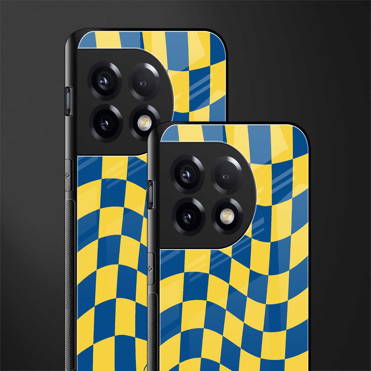 yellow blue trippy check pattern back phone cover | glass case for oneplus 11r
