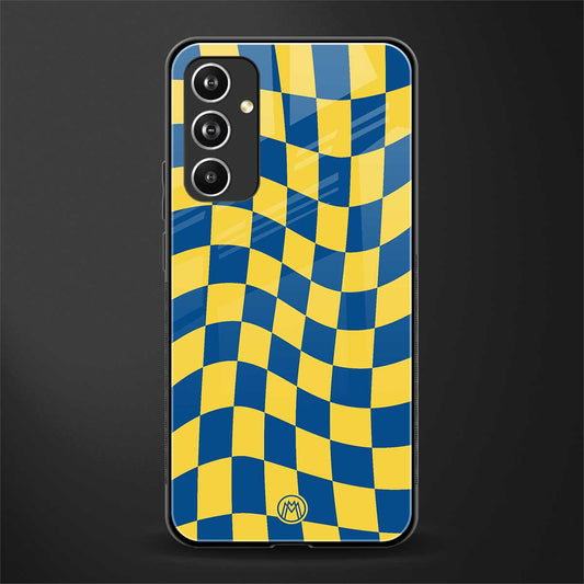 yellow blue trippy check pattern back phone cover | glass case for samsung galaxy a54 5g