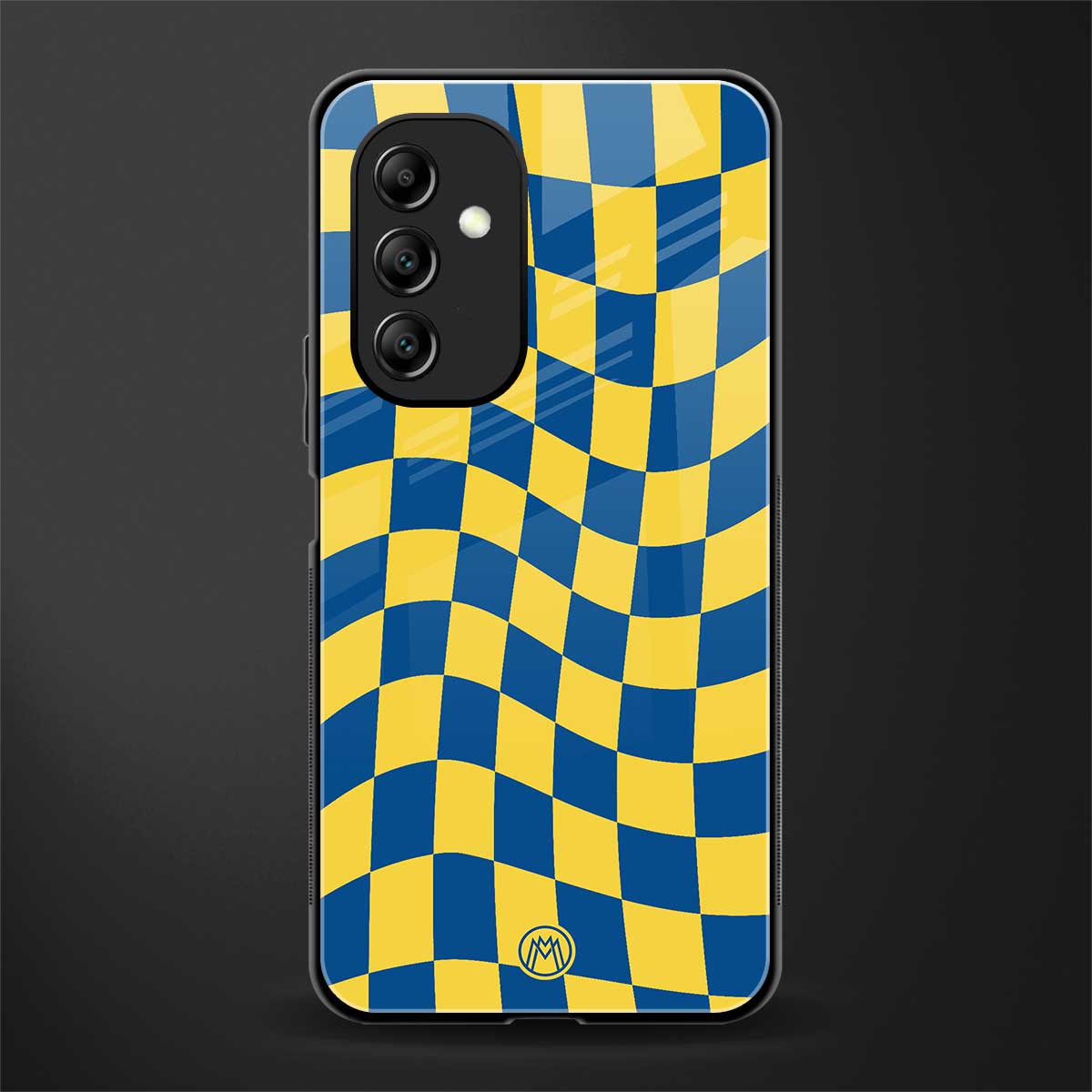 yellow blue trippy check pattern back phone cover | glass case for samsung galaxy a14 5g