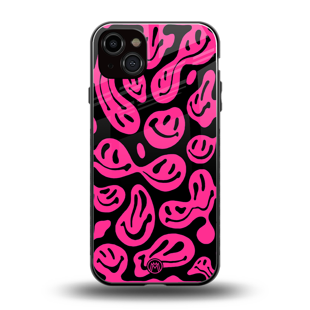 acid smiles black pink back phone cover | glass case for iphone 15 plus