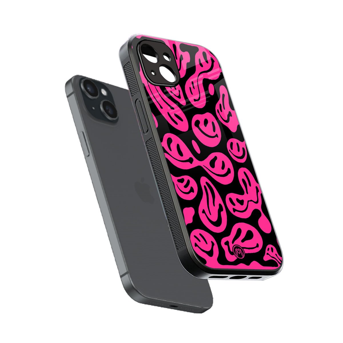 acid smiles black pink back phone cover | glass case for iphone 15 plus