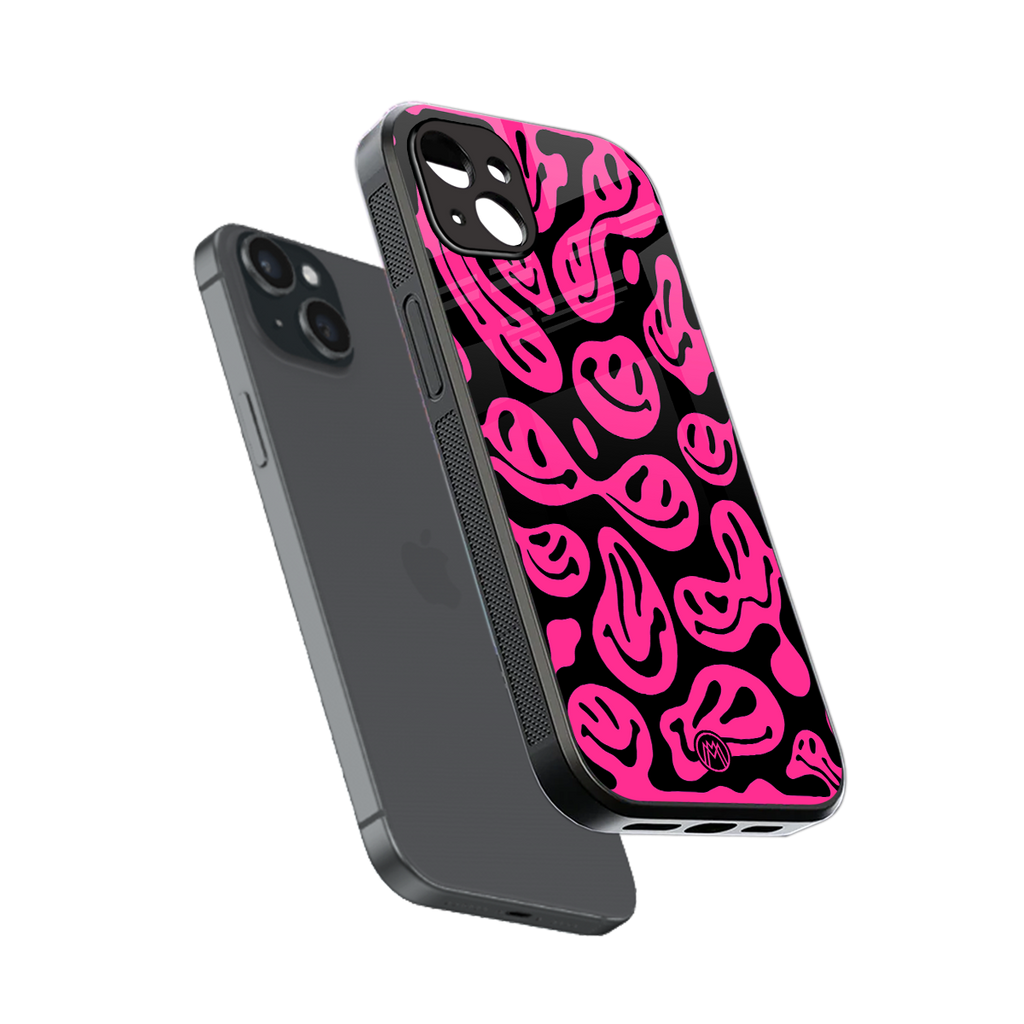acid smiles black pink back phone cover | glass case for iphone 14 plus