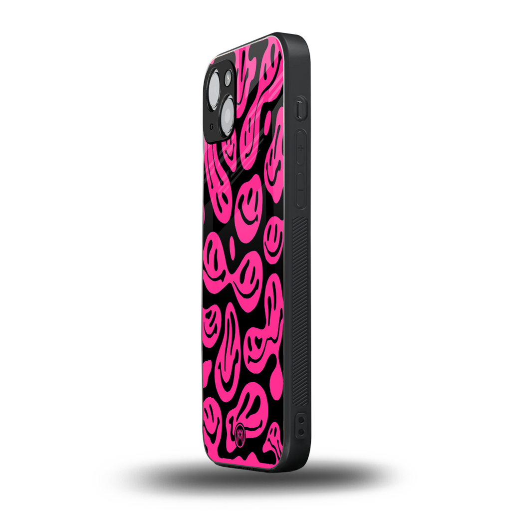 acid smiles black pink back phone cover | glass case for iphone 15 plus
