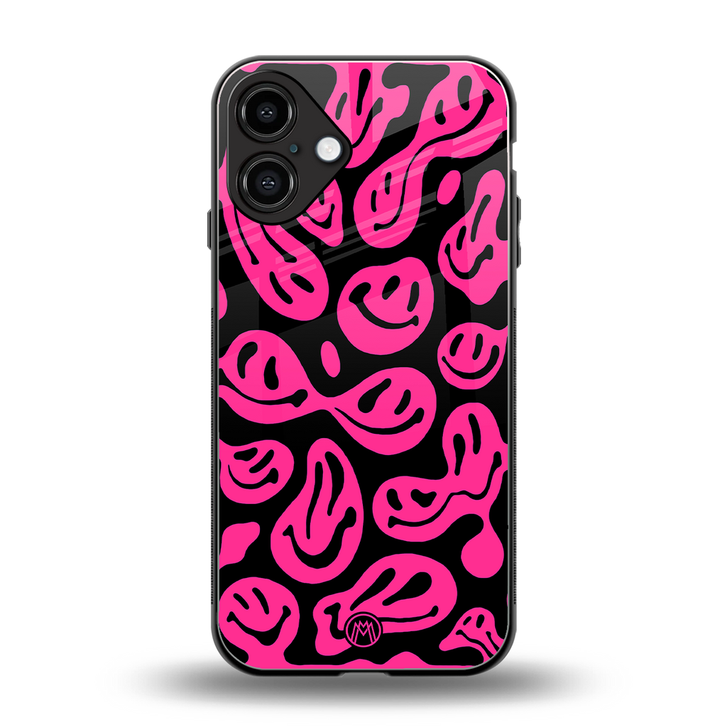 acid smiles black pink back phone cover | glass case for iphone 16 plus