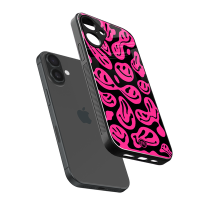 acid smiles black pink back phone cover | glass case for iphone 16 plus