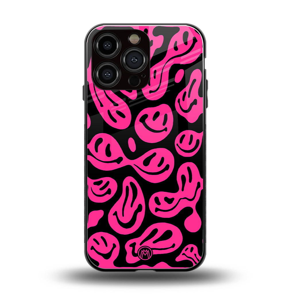 acid smiles black pink back phone cover | glass case for iphone 16 pro max