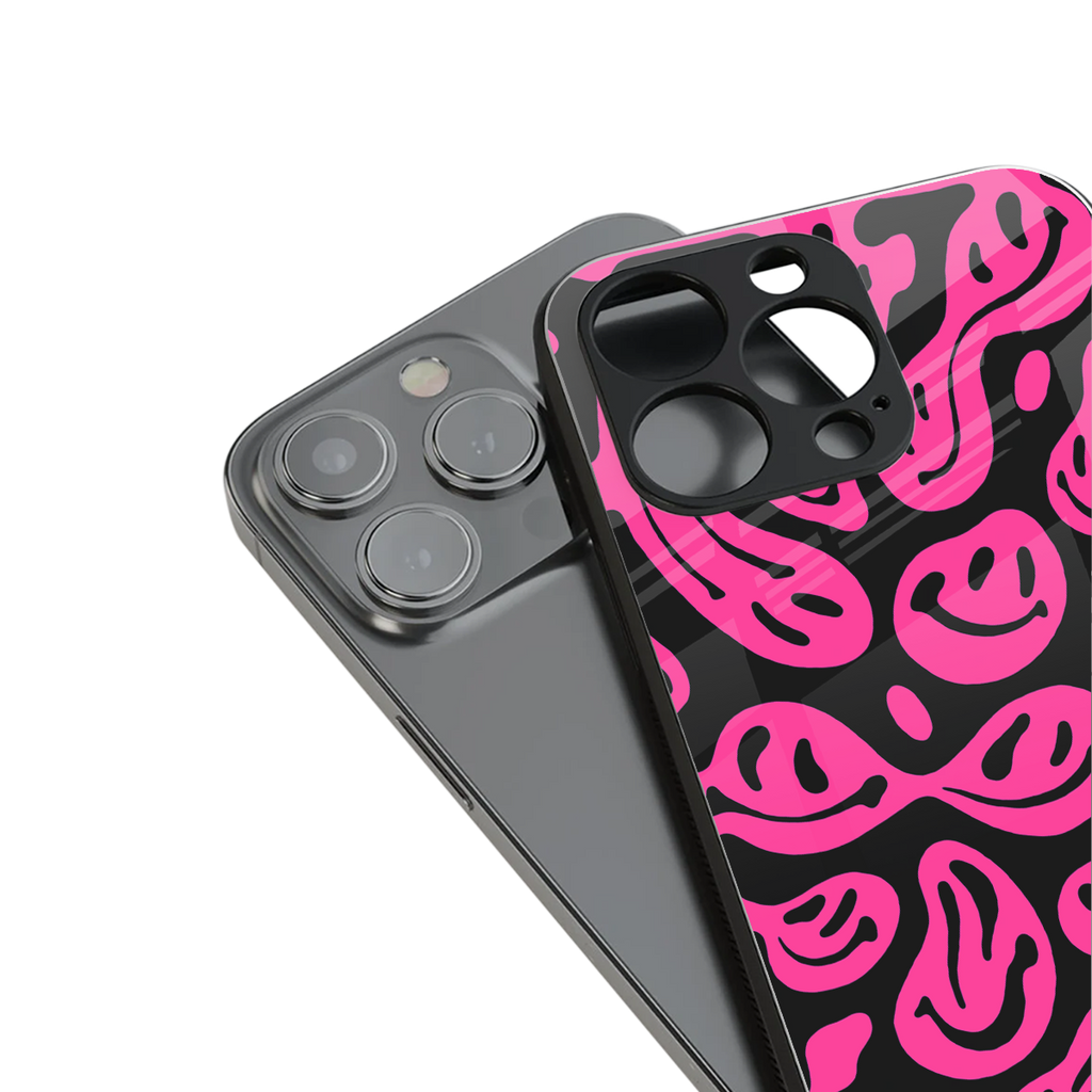 acid smiles black pink back phone cover | glass case for iphone 16 plus