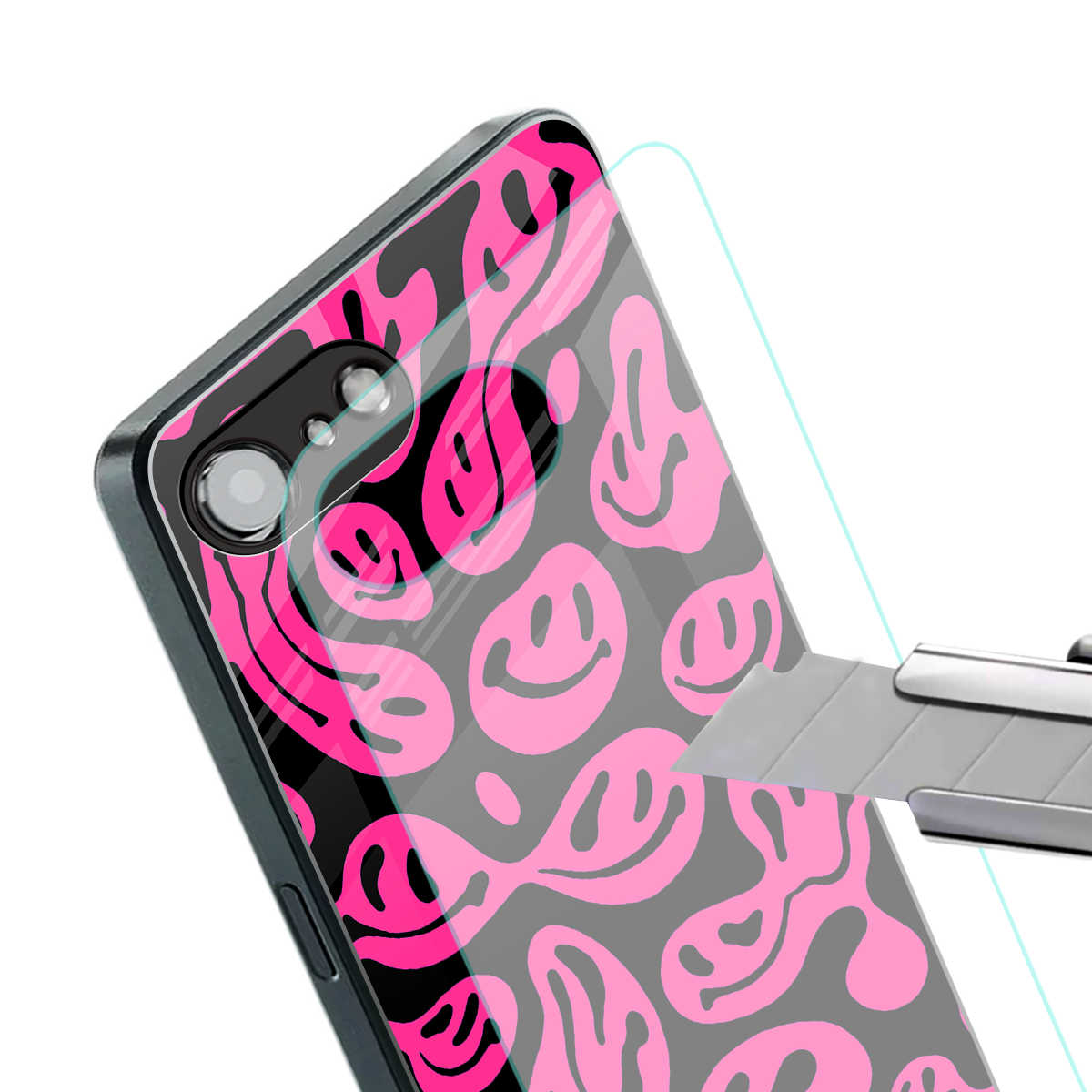 acid smiles black pink back phone cover | glass case for iphone 16e