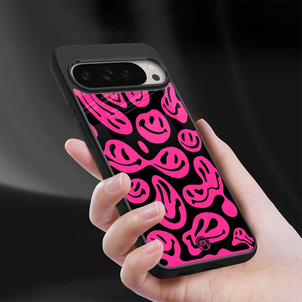 acid smiles black pink back phone cover | glass case for google pixel 9 pro xl