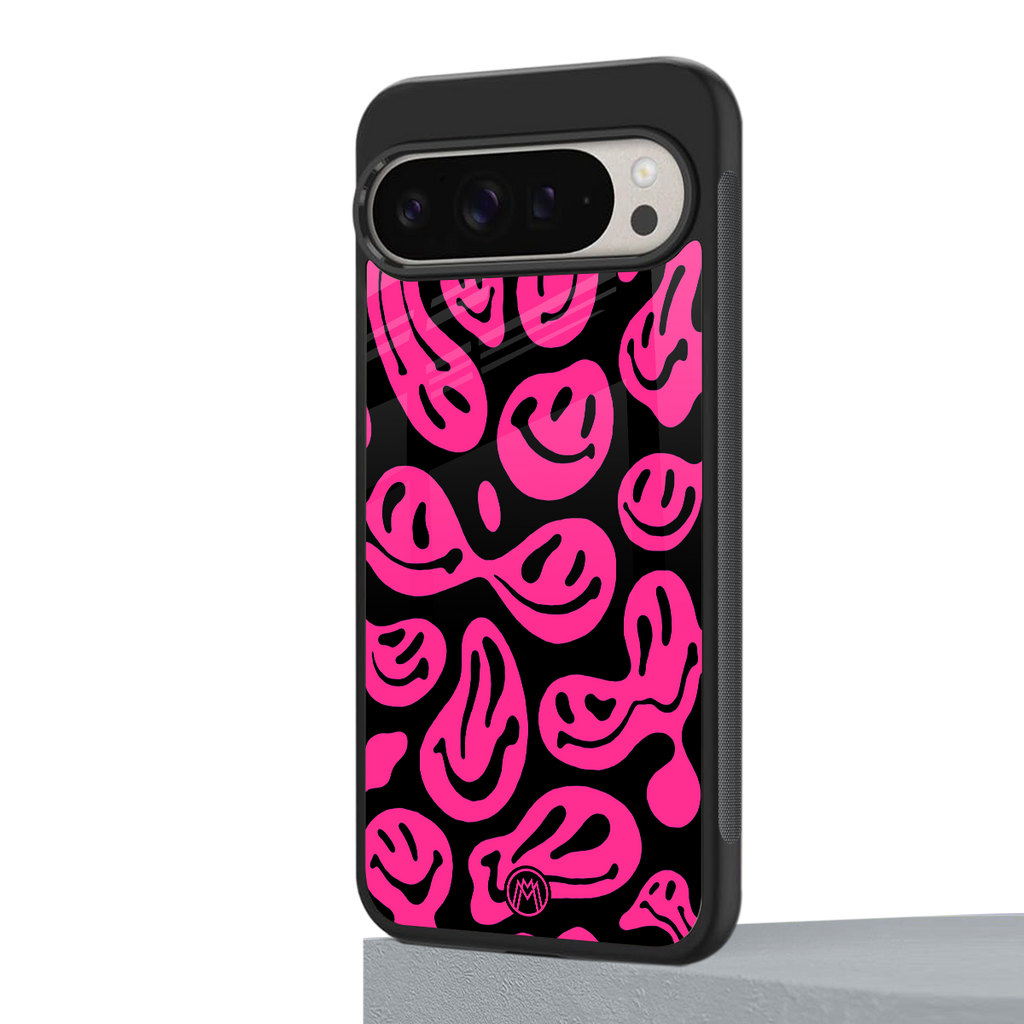 acid smiles black pink back phone cover | glass case for google pixel 9 pro xl