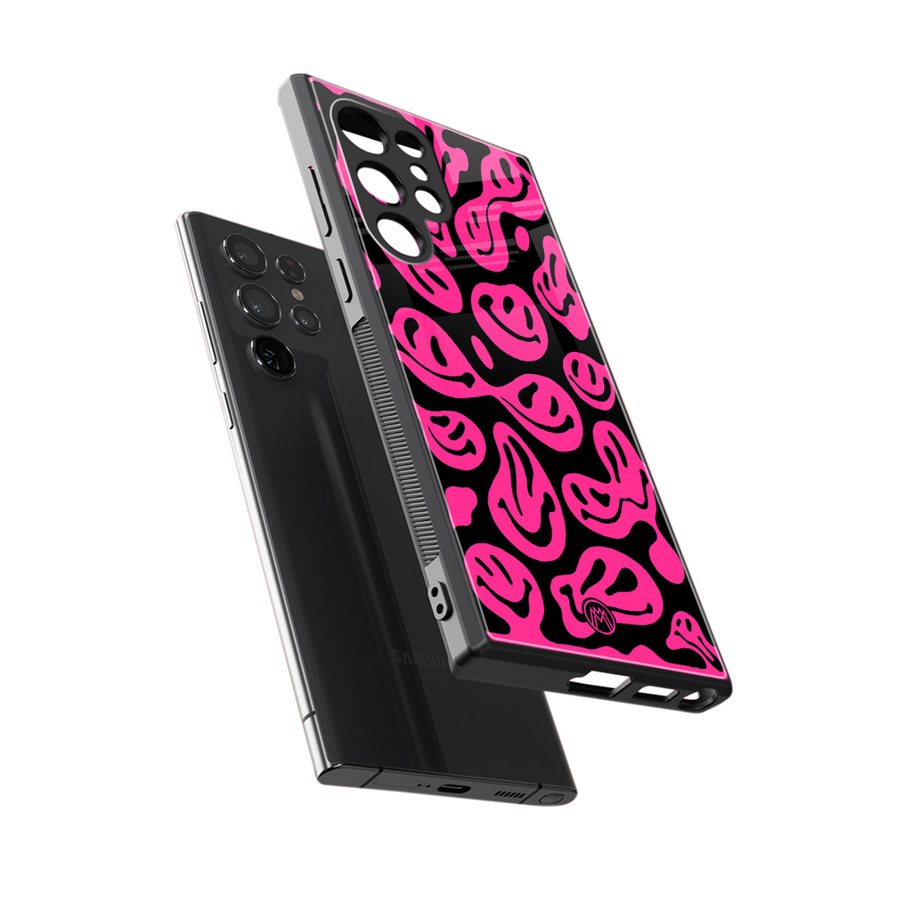 acid smiles black pink back phone cover | glass case for samsung galaxy s24 ultra