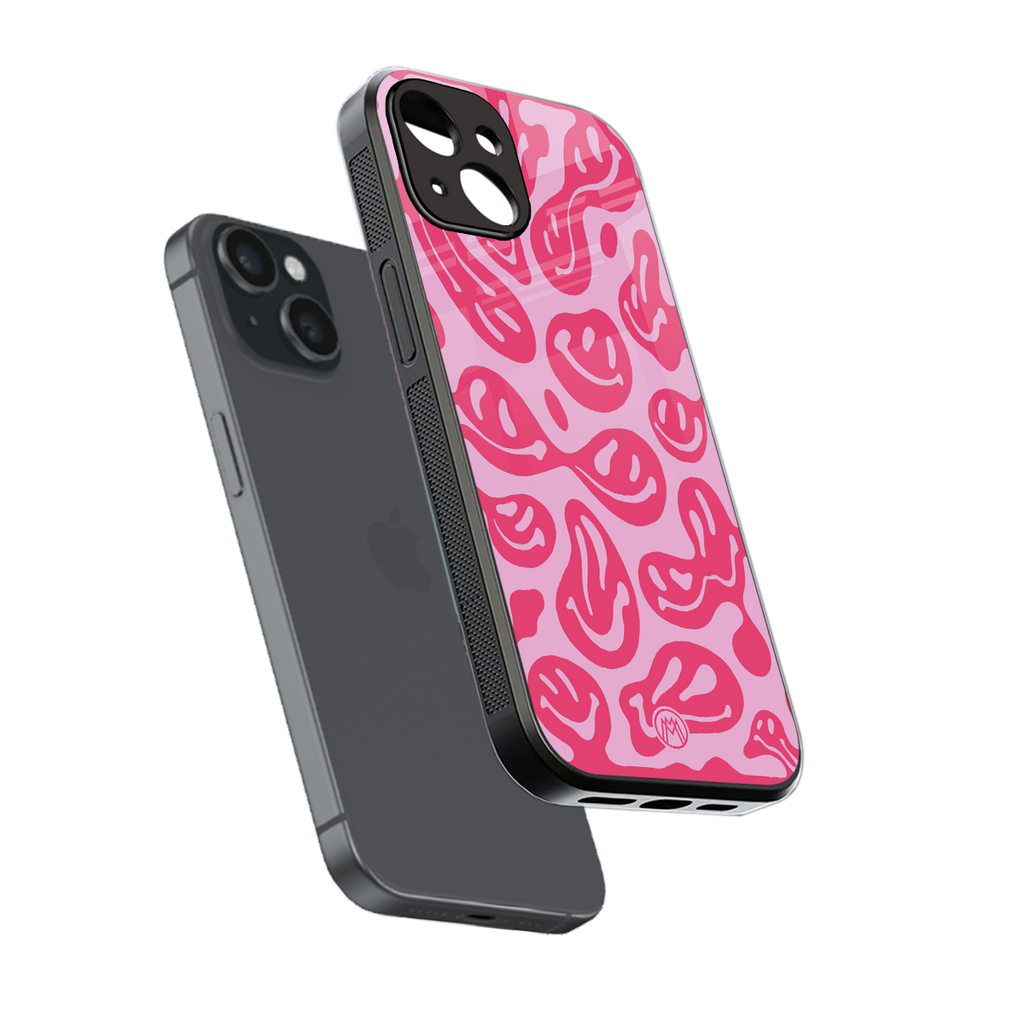 acid smiles bubblegum pink edition back phone cover | glass case for iphone 13 mini