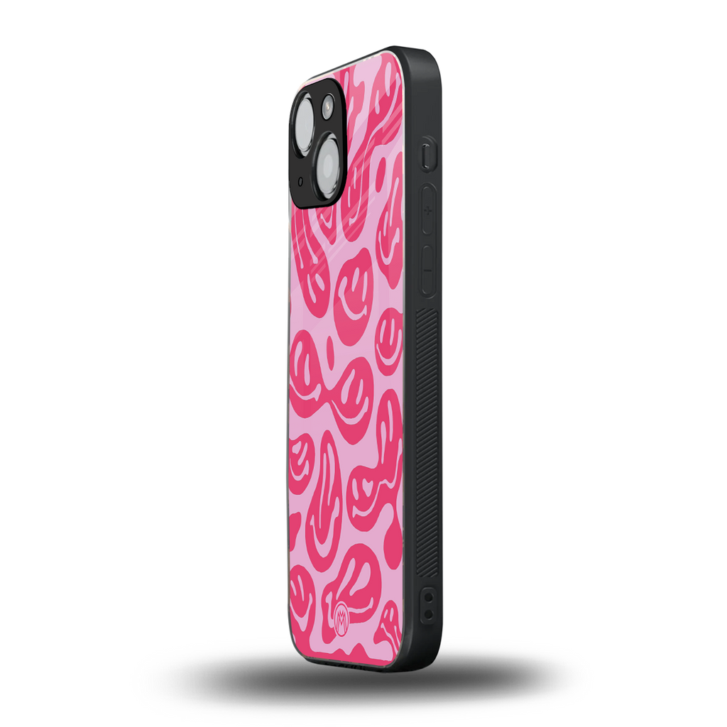 acid smiles bubblegum pink edition back phone cover | glass case for iphone 13 mini