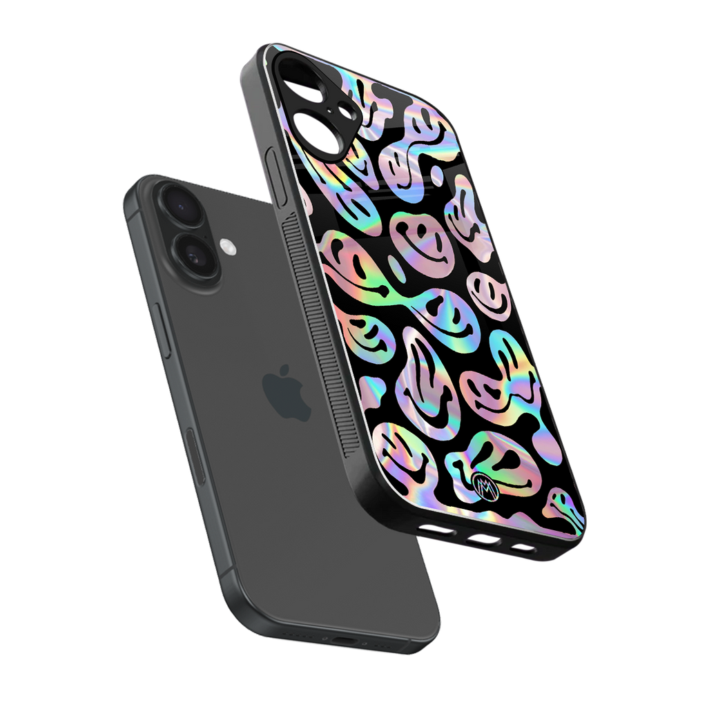 acid smiles chromatic edition back phone cover | glass case for iphone 16 plus