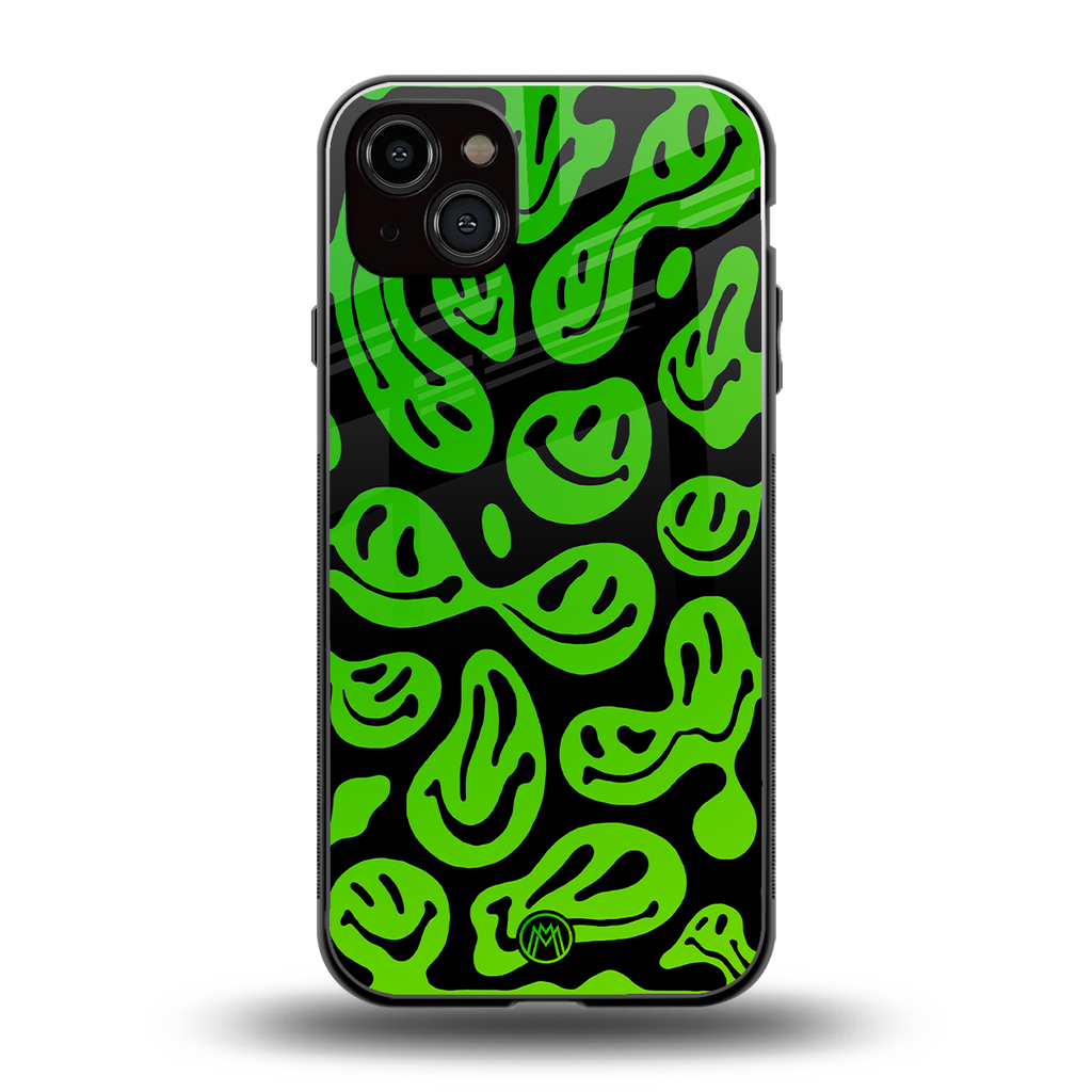 acid smiles neon green back phone cover | glass case for iphone 14 plus