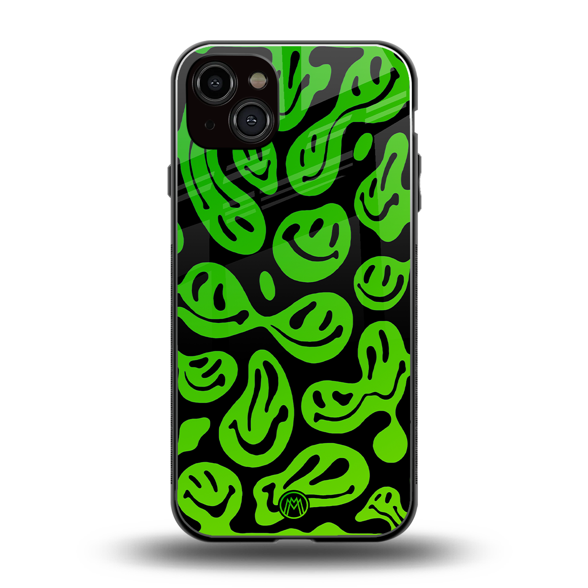 acid smiles neon green back phone cover | glass case for iphone 14 plus
