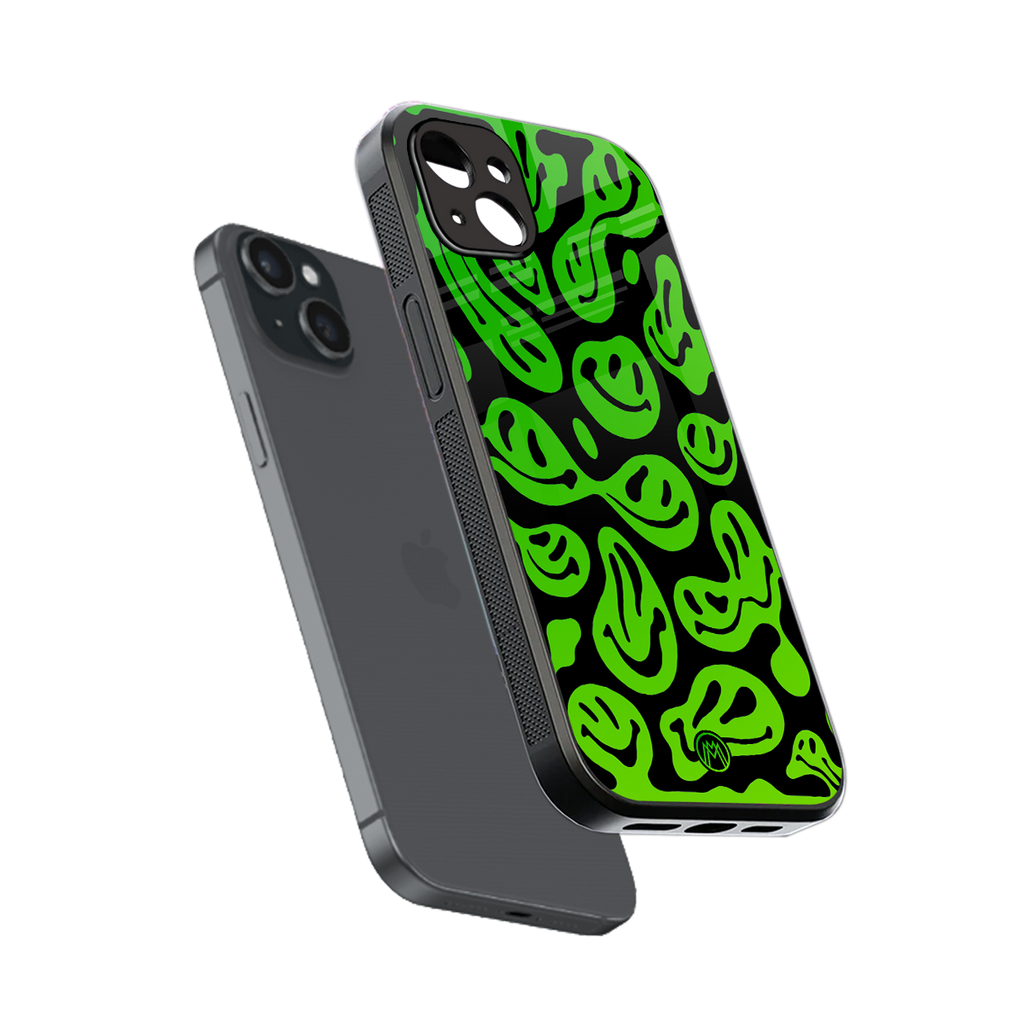 acid smiles neon green back phone cover | glass case for iphone 15 plus