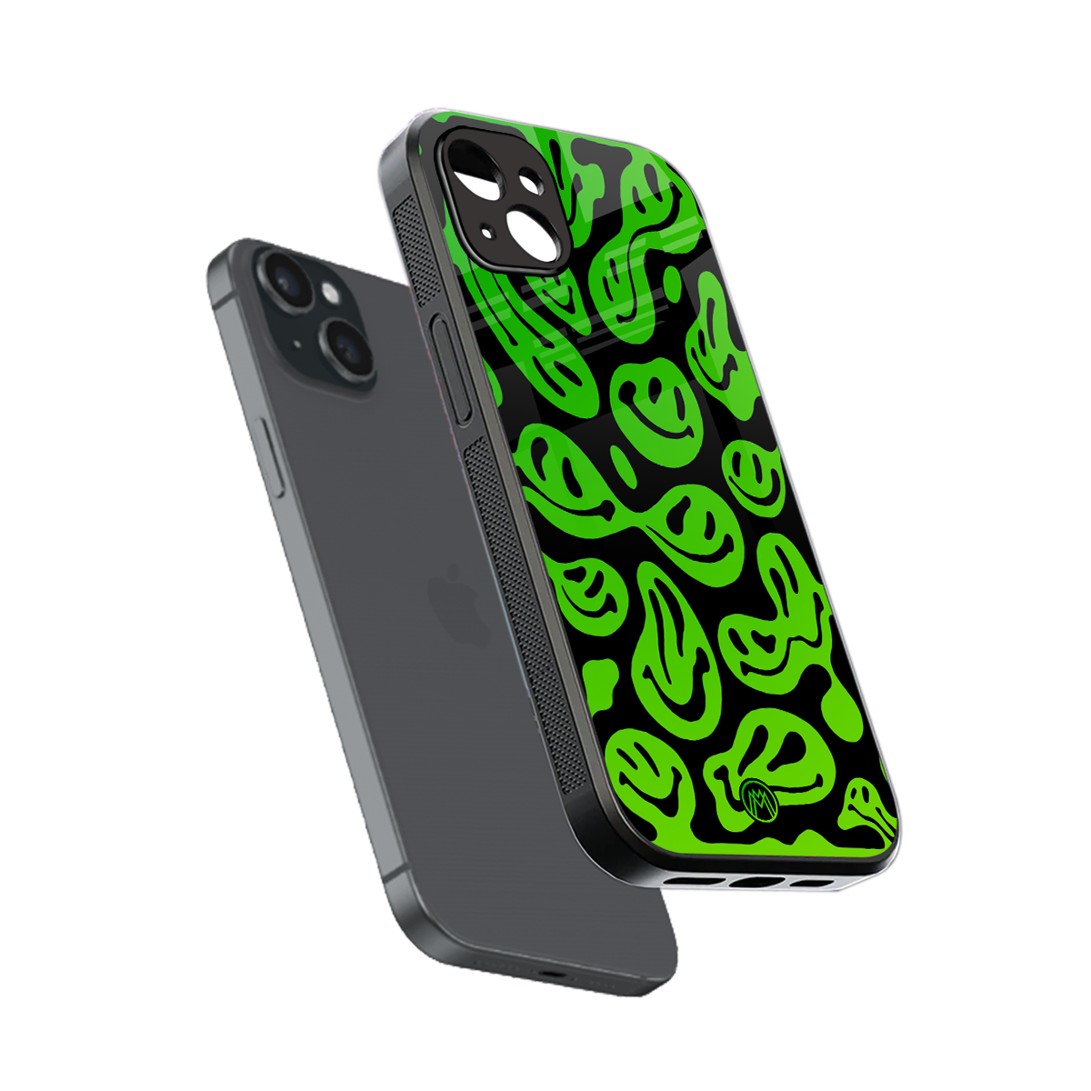 acid smiles neon green back phone cover | glass case for iphone 15 plus