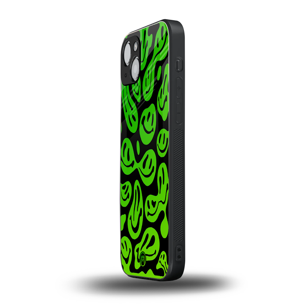 acid smiles neon green back phone cover | glass case for iphone 14 plus
