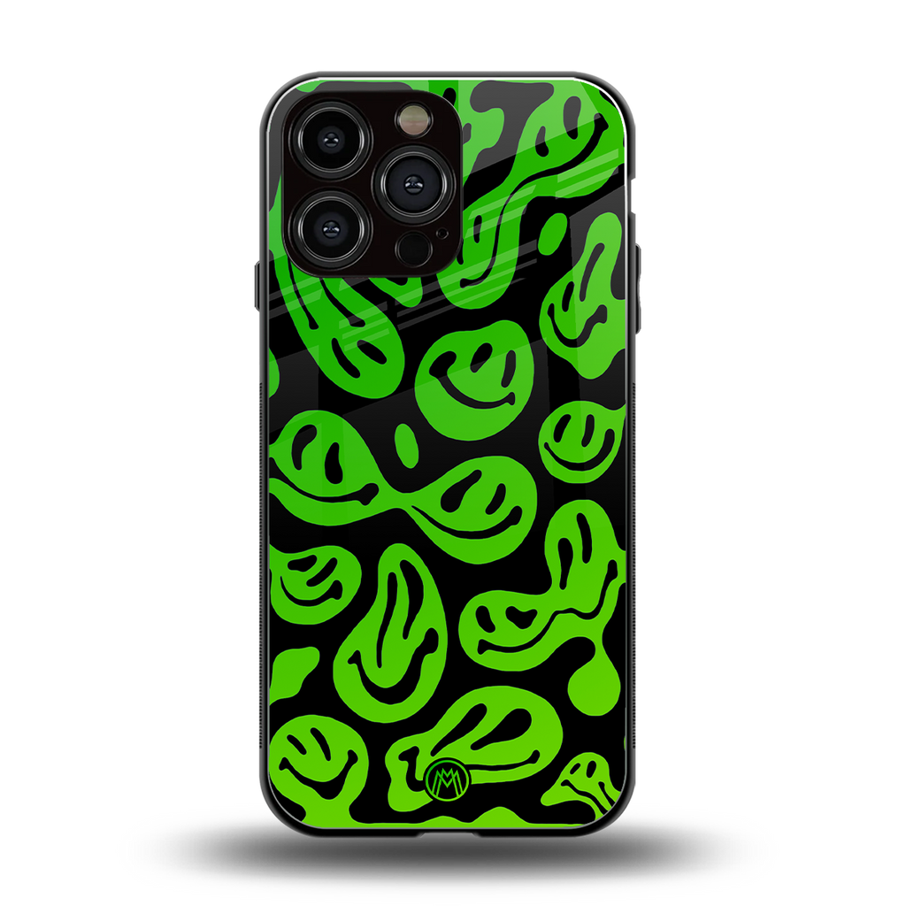acid smiles neon green back phone cover | glass case for iphone 14 pro max