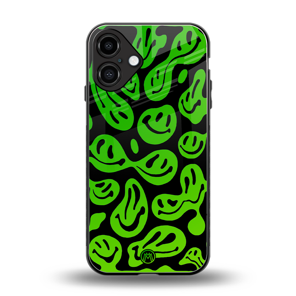 acid smiles neon green back phone cover | glass case for iphone 16 plus