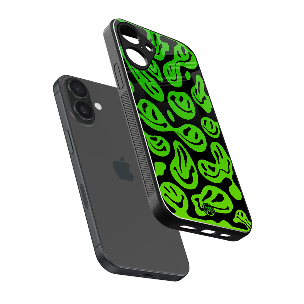 acid smiles neon green back phone cover | glass case for iphone 16 plus