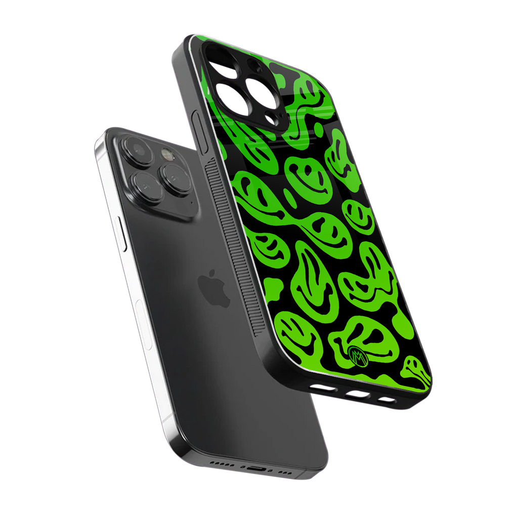 acid smiles neon green back phone cover | glass case for iphone 16 pro max