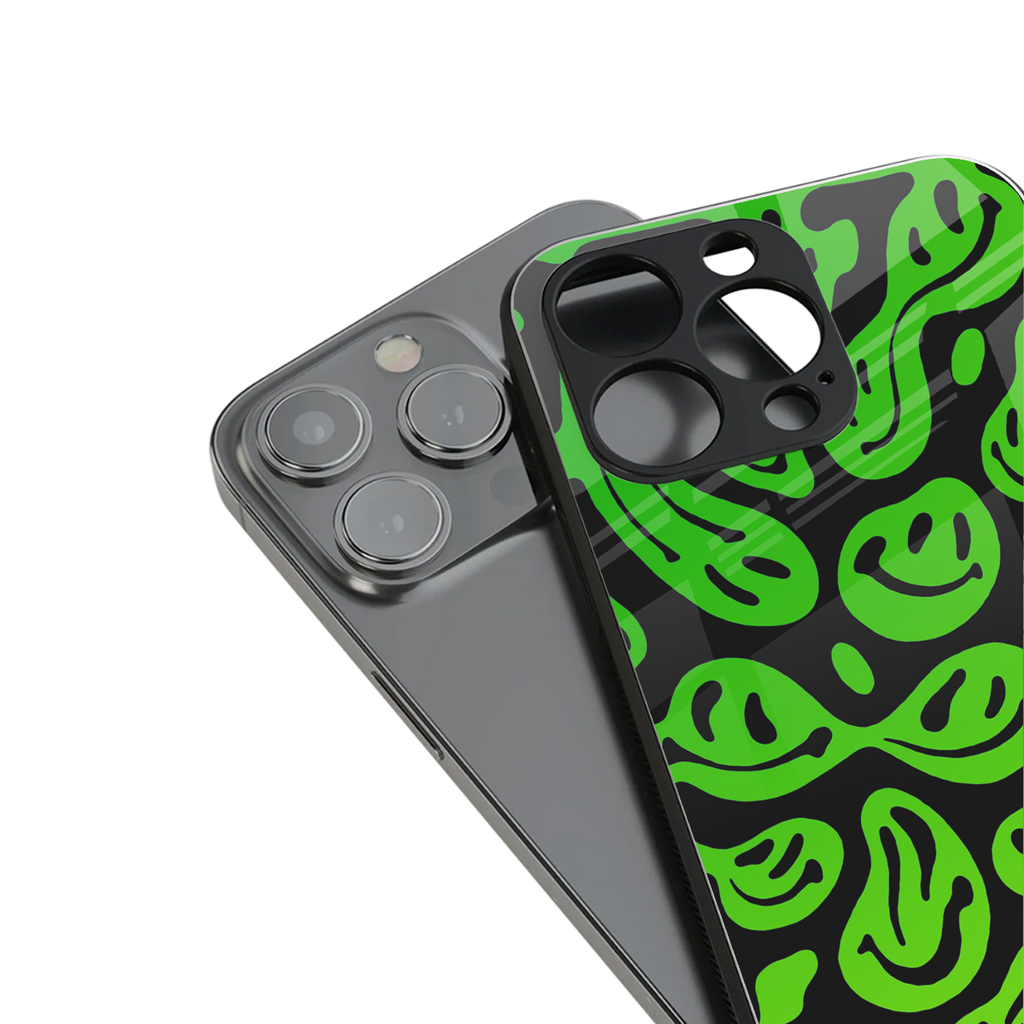 acid smiles neon green back phone cover | glass case for iphone 14 plus