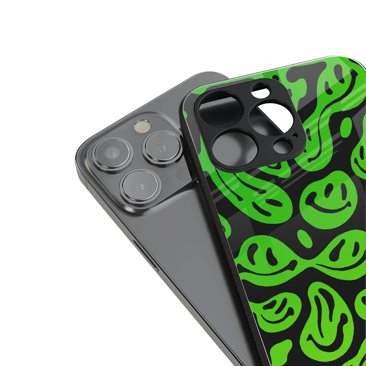acid smiles neon green back phone cover | glass case for iphone 16 pro max
