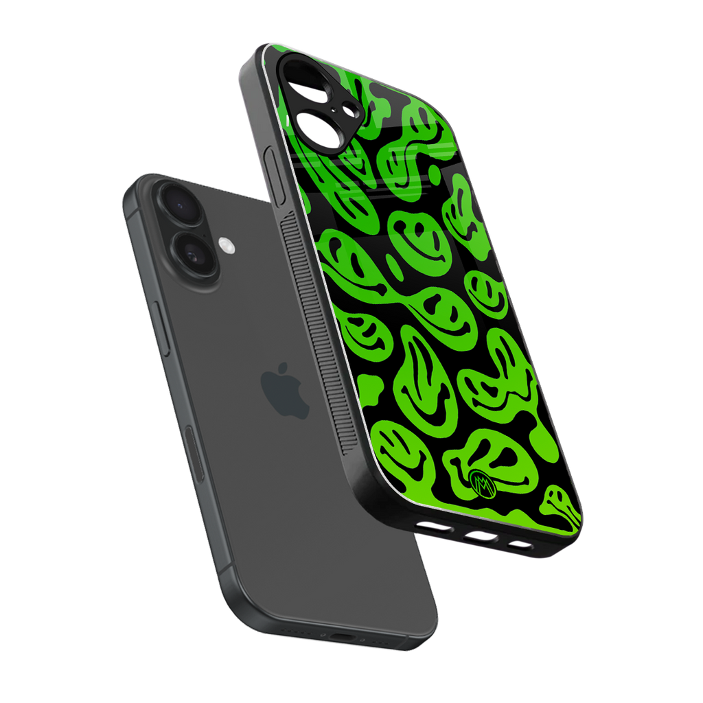 acid smiles neon green back phone cover | glass case for iphone 16