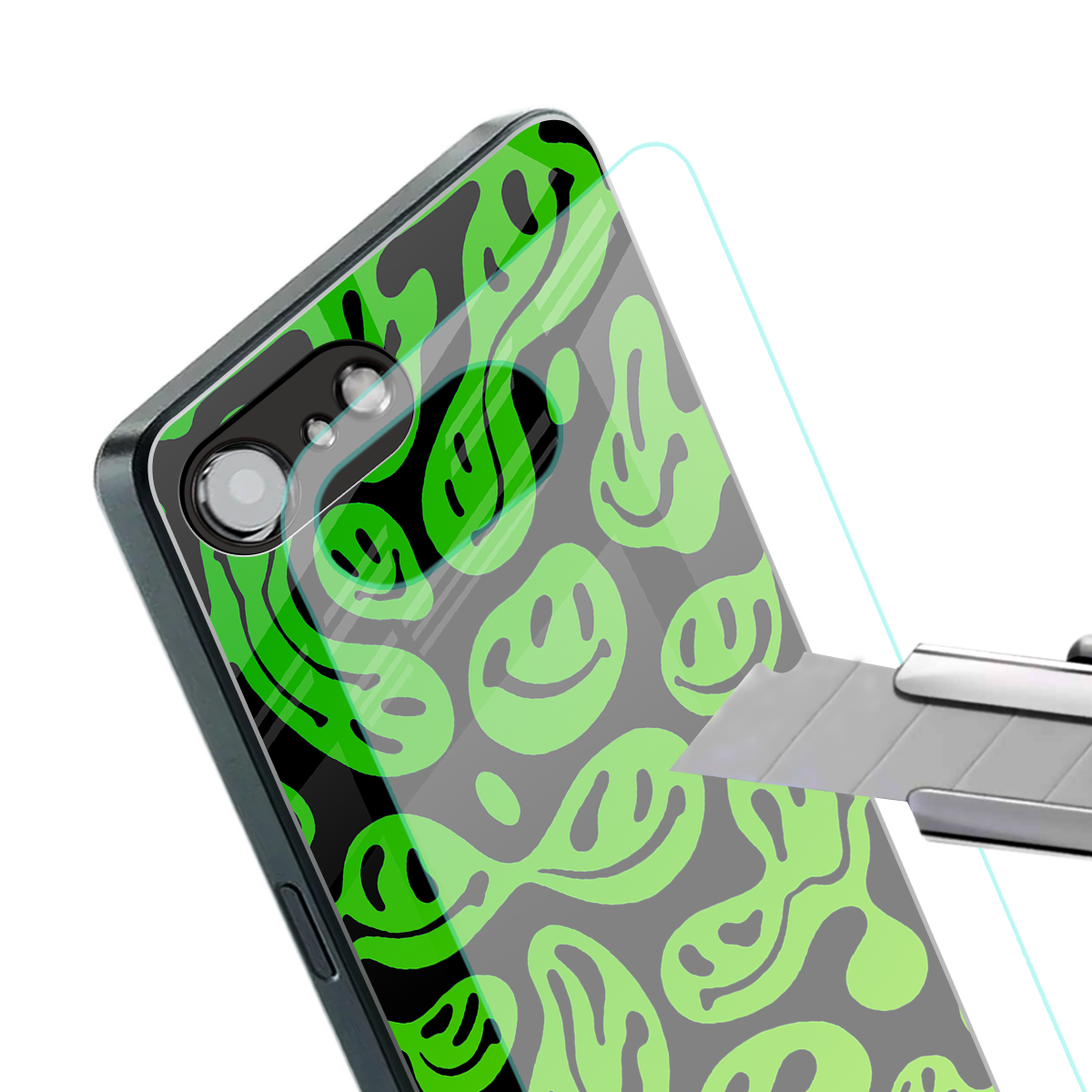 acid smiles neon green back phone cover | glass case for iphone 16e