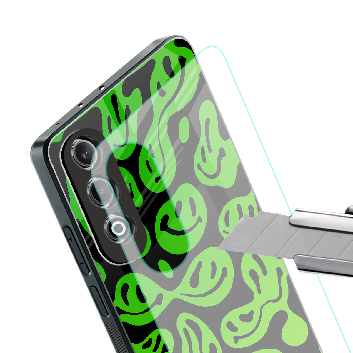acid smiles neon green back phone cover | glass case for oneplus nord ce 4