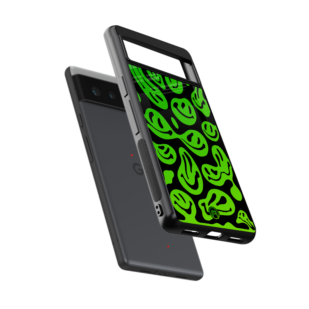 acid smiles neon green back phone cover | glass case for google pixel 6