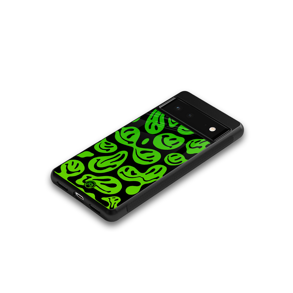 acid smiles neon green back phone cover | glass case for google pixel 6
