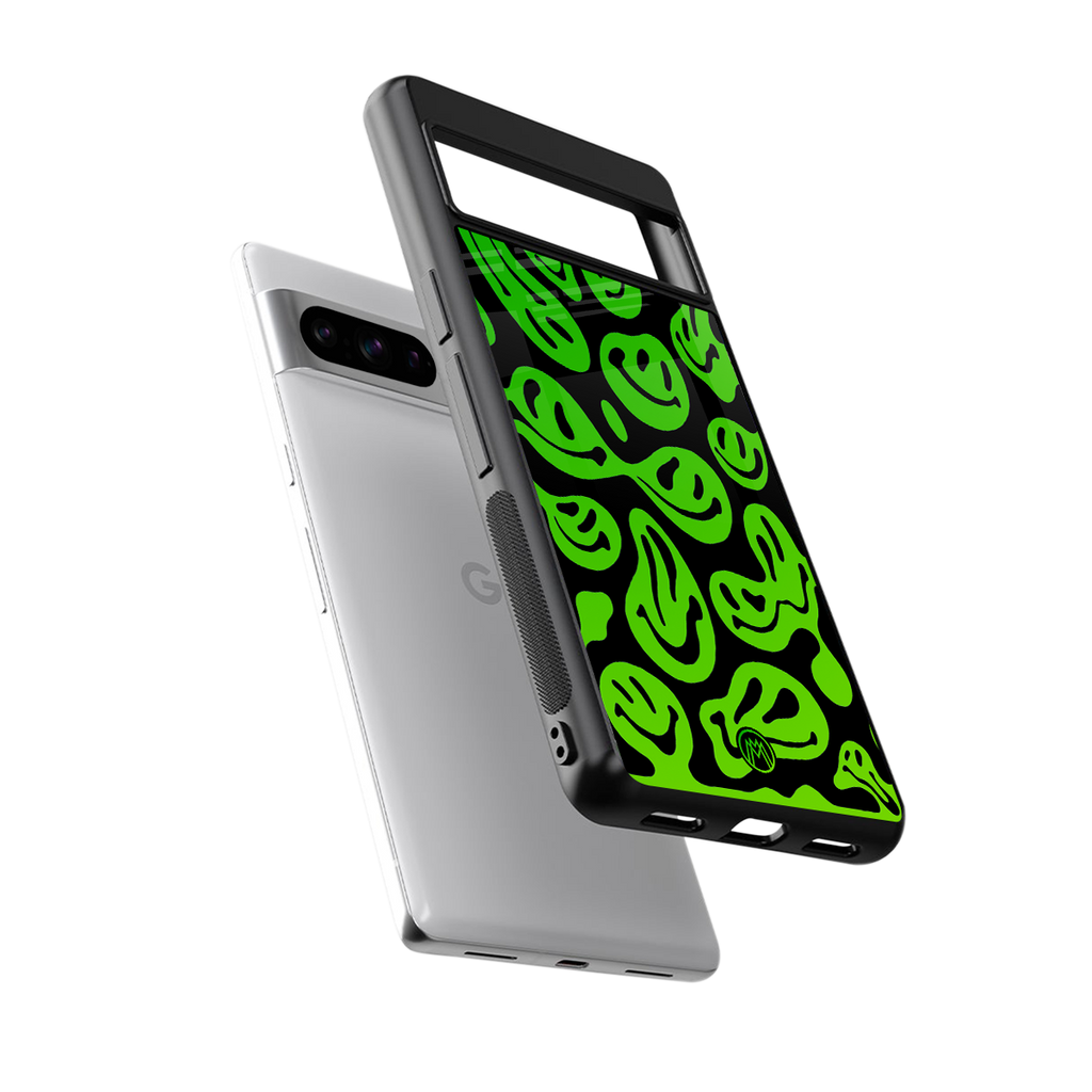acid smiles neon green back phone cover | glass case for google pixel 8 pro