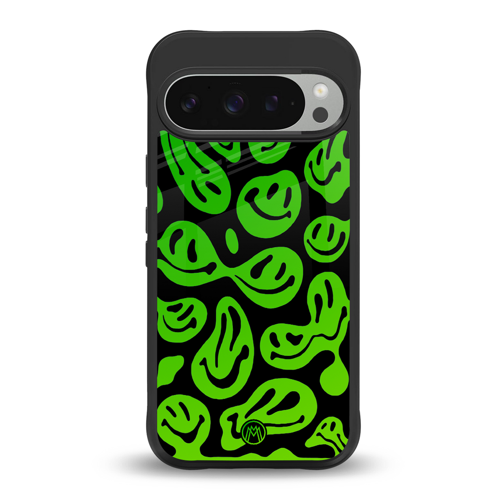 acid smiles neon green back phone cover | glass case for google pixel 9 pro xl