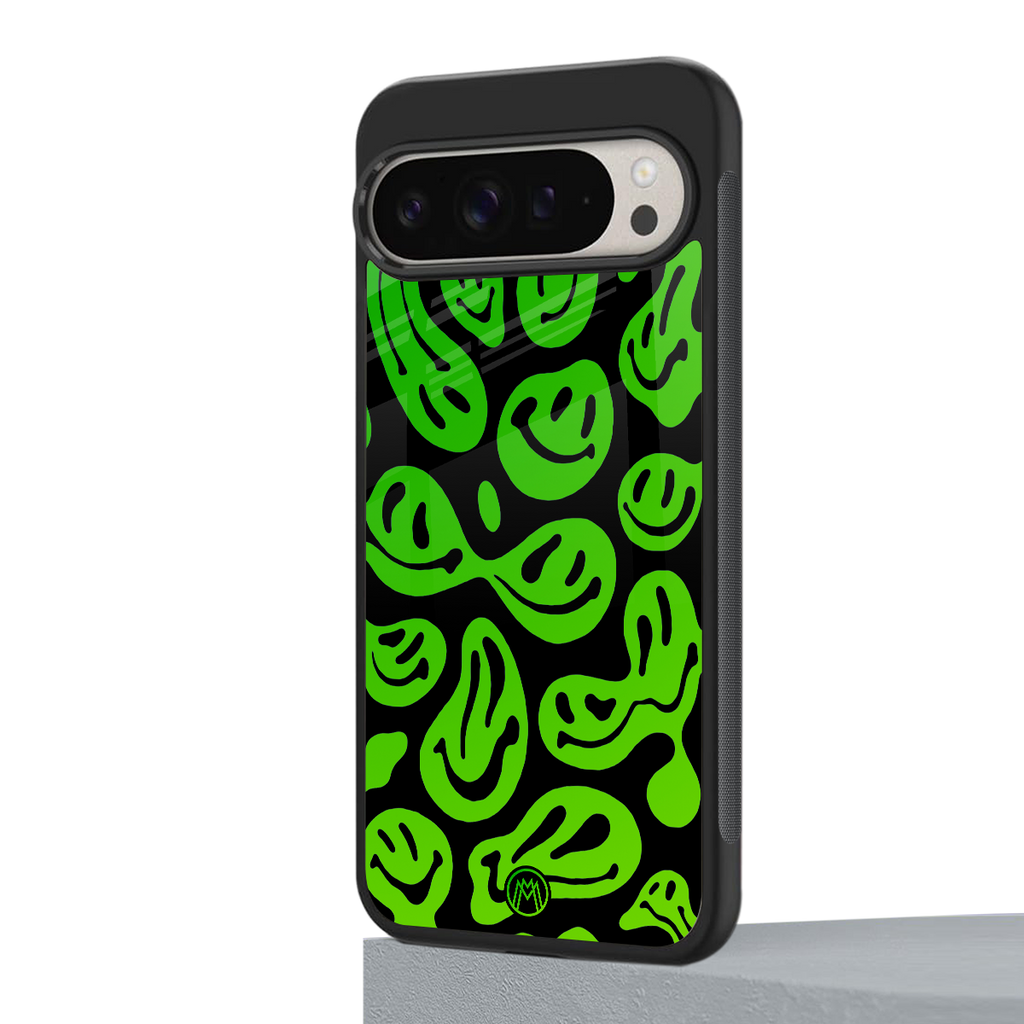 acid smiles neon green back phone cover | glass case for google pixel 9 pro