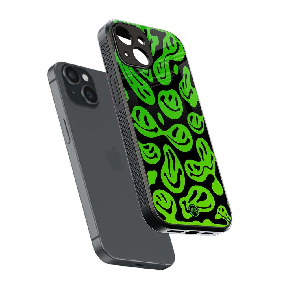 acid smiles neon green back phone cover | glass case for iphone 15