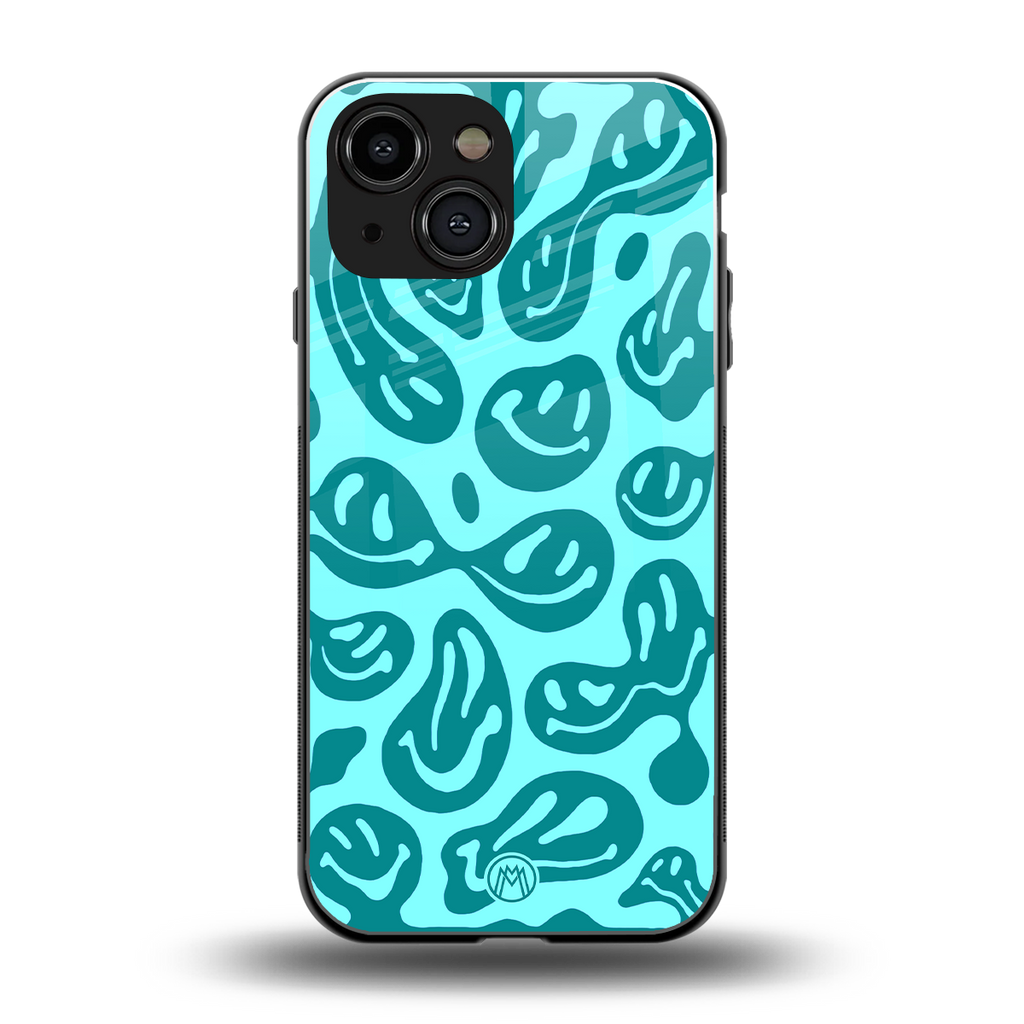 acid smiles turquoise edition back phone cover | glass case for iphone 13 mini
