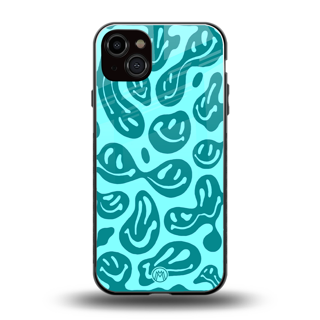 acid smiles turquoise edition back phone cover | glass case for iphone 15 plus