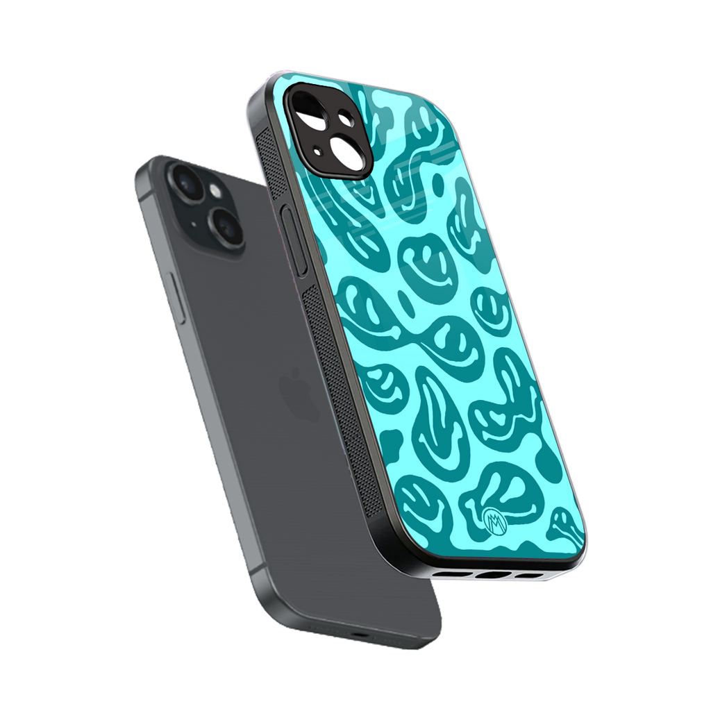 acid smiles turquoise edition back phone cover | glass case for iphone 15 plus