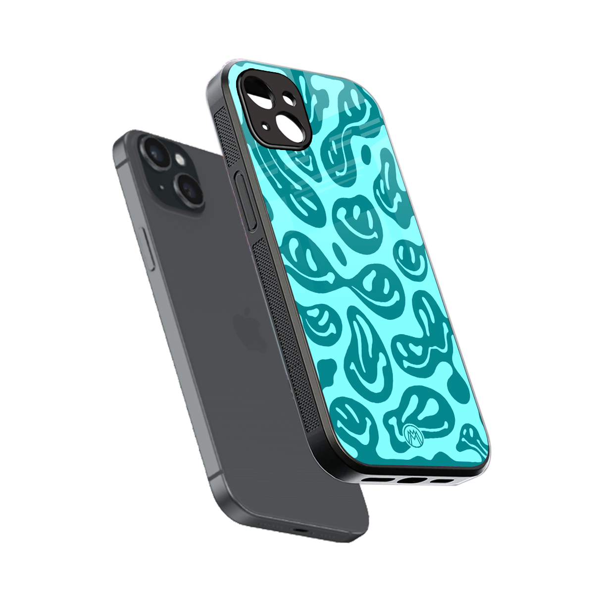 acid smiles turquoise edition back phone cover | glass case for iphone 15 plus