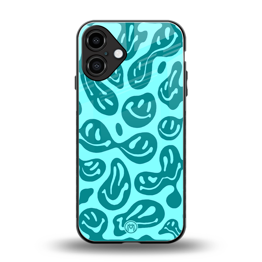 acid smiles turquoise edition back phone cover | glass case for iphone 16 plus