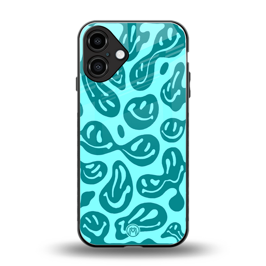 acid smiles turquoise edition back phone cover | glass case for iphone 16 plus