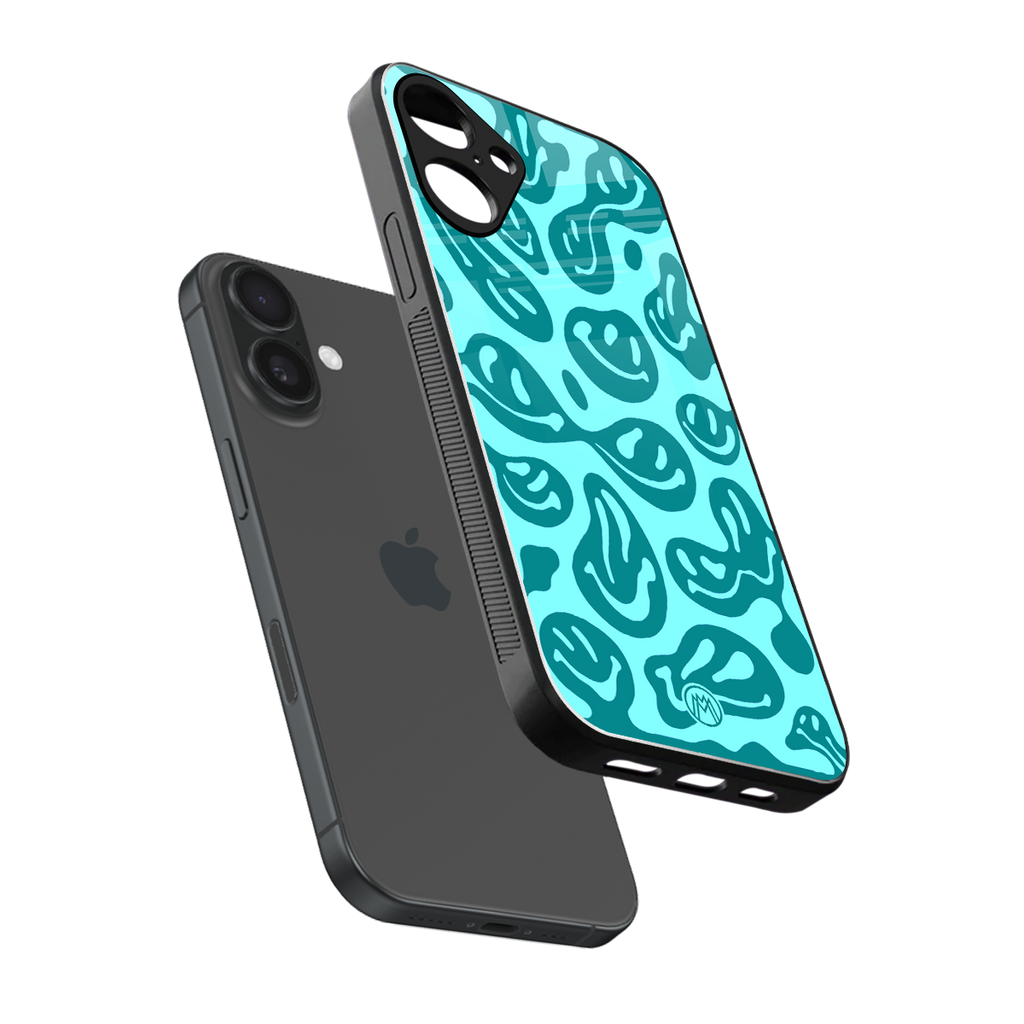 acid smiles turquoise edition back phone cover | glass case for iphone 16 plus