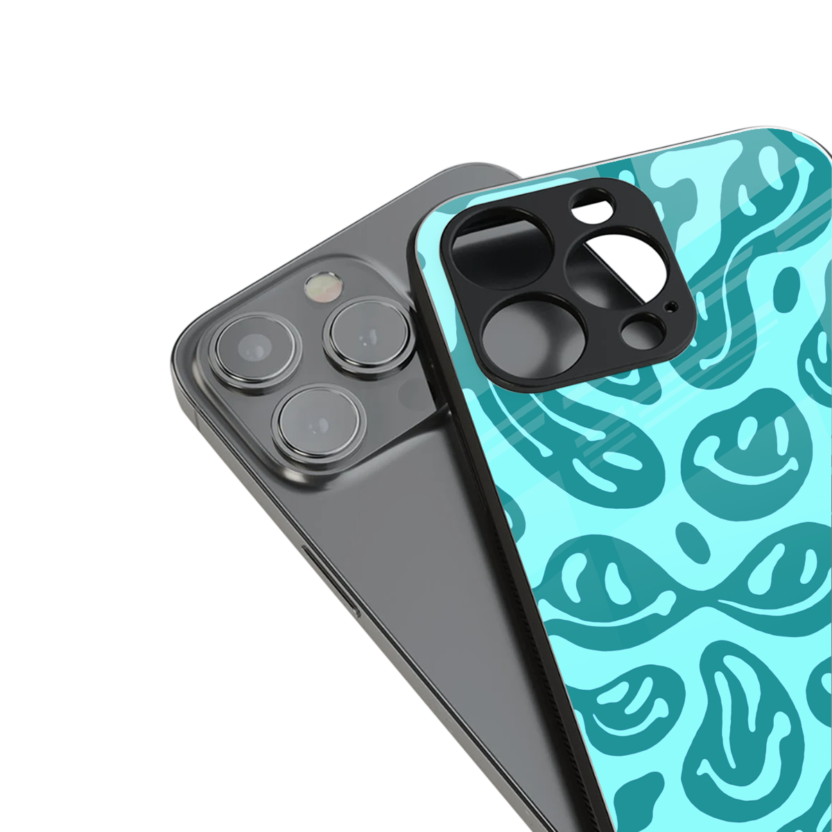 acid smiles turquoise edition back phone cover | glass case for iphone 15 plus