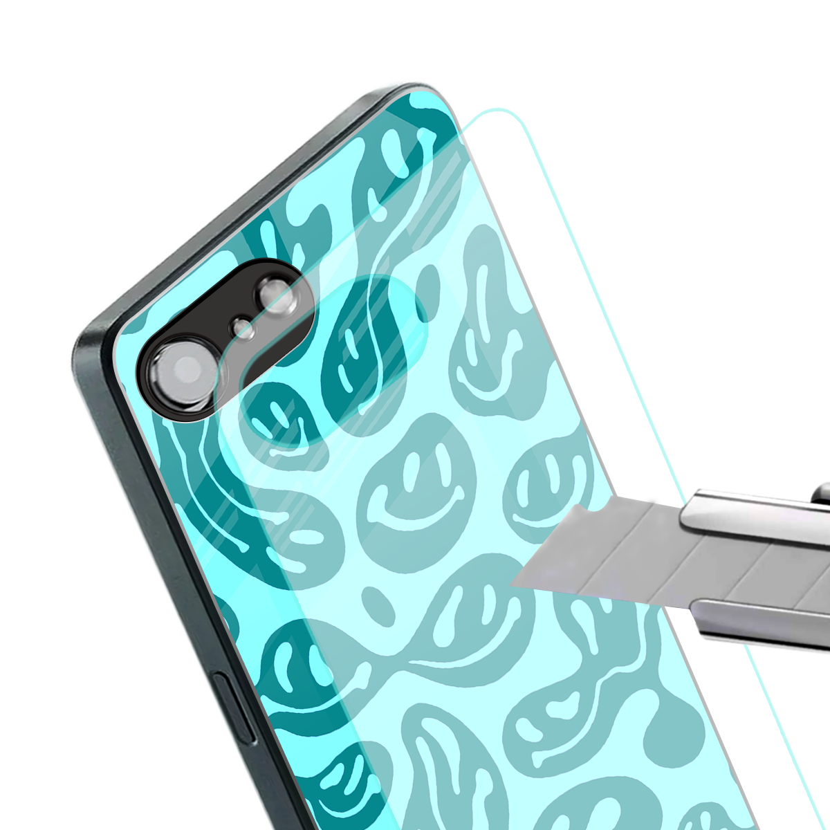 acid smiles turquoise edition back phone cover | glass case for iphone 16e