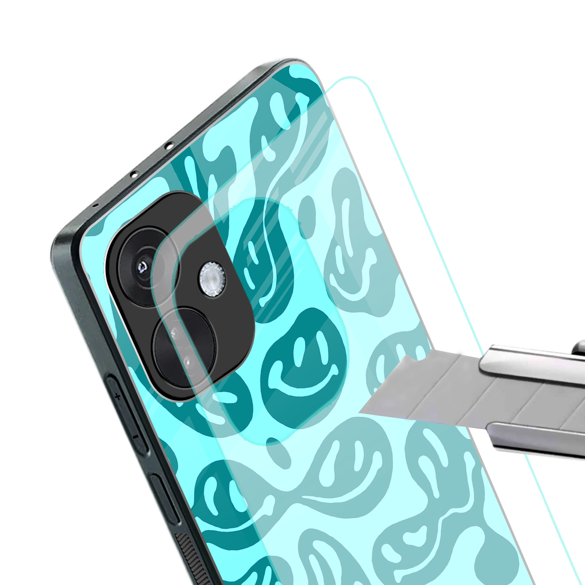 acid smiles turquoise edition back phone cover | glass case for oneplus nord ce 3