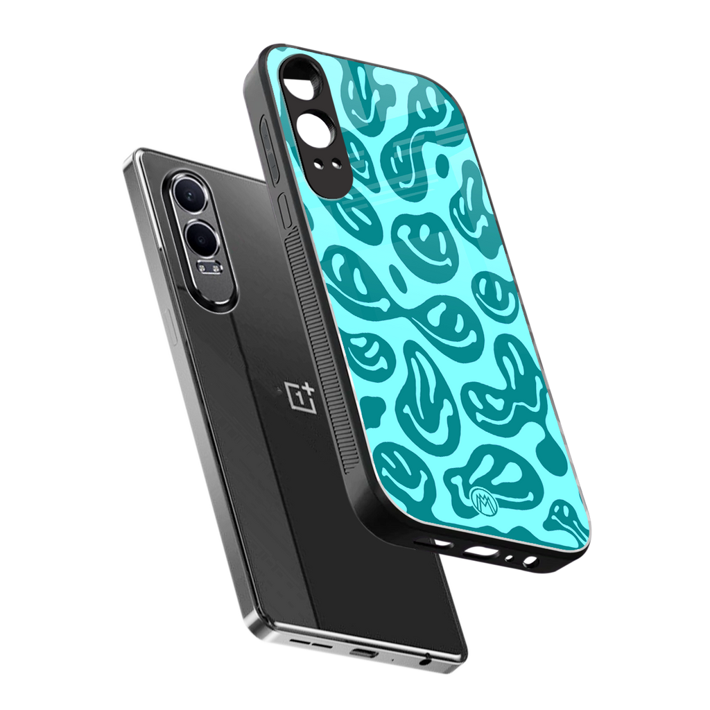 acid smiles turquoise edition back phone cover | glass case for oneplus nord ce 4 lite