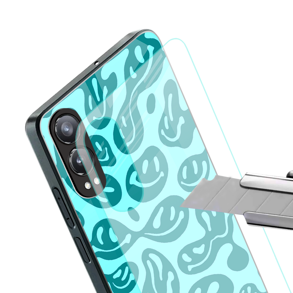 acid smiles turquoise edition back phone cover | glass case for oneplus nord ce 4 lite